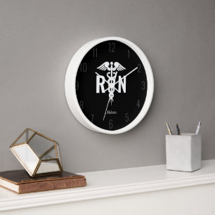 Horloge Infirmière personnalisée RN Black White Caduceus M