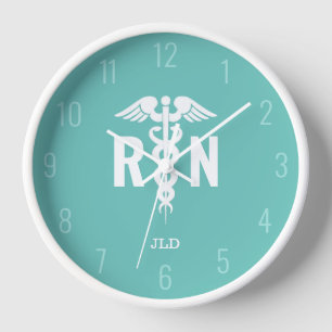 Horloge Infirmière Turquoise White Caduceus Monogramme