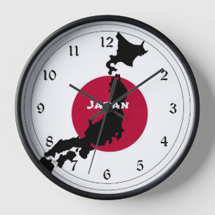 Horloge Japon, silhouette de carte et drapeau