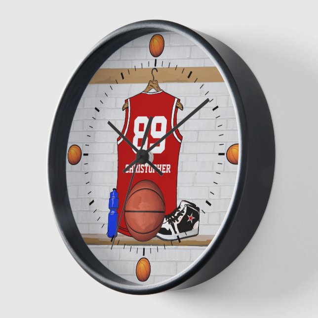 Horloge Jersey de basket-ball rouge et blanc personnalisé (Angle)