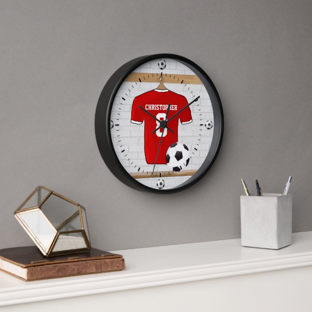 Horloge Jersey de football rouge et blanc personnalisé (Bureau)