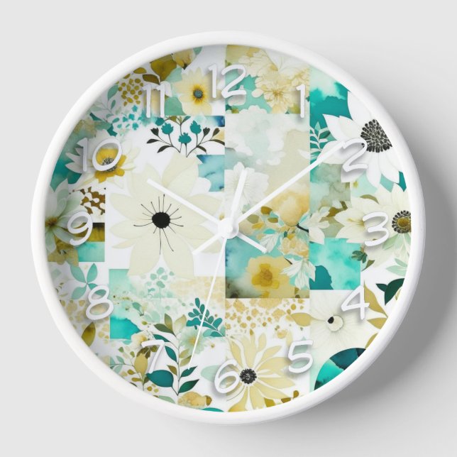 Horloge Joli Art folklorique Fleurs blanches et turquoise (Recto)