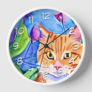 Horloge Joli Chat Orange Aquarelle