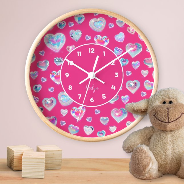 Horloge Joli coeur en cristal brillant 3D sur rose (Créateur téléchargé)
