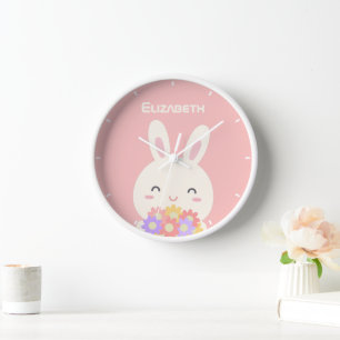 Horloge Joli Petit Lapin Cartoon & Fleurs Pour Filles Rose
