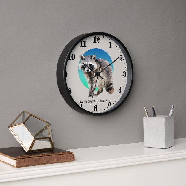 Horloge Jolie dame folle raccoon ajouter du texte (Bureau)