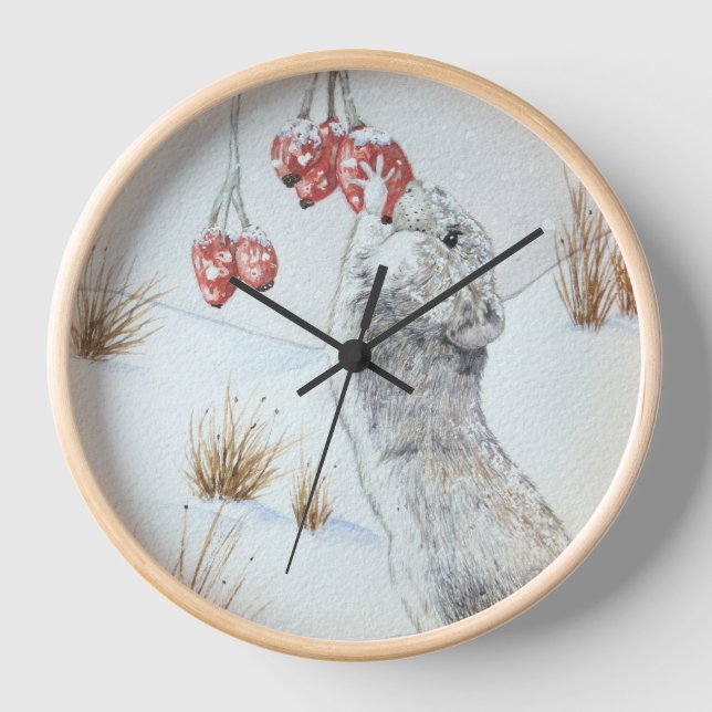 Horloge jolie souris de champ neige d'hiver (Recto)