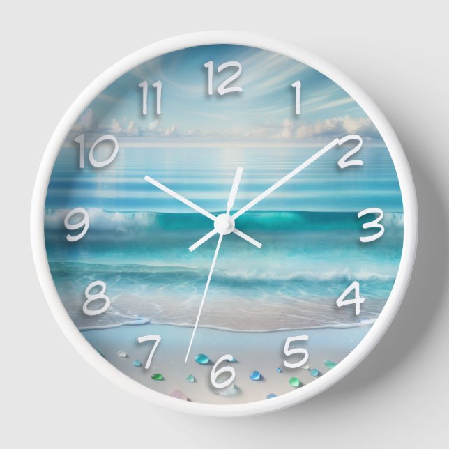 Horloge Jolie vague bleu océan et verre de mer (Recto)