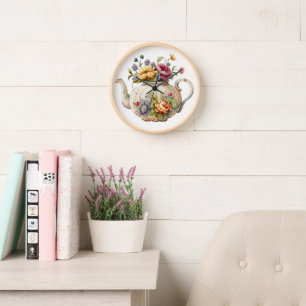 Horloge Jolies fleurs de printemps Élégante théière