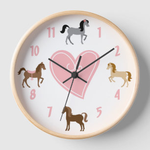 Horloge Jolies poneys et Cheval de Coeur Rose