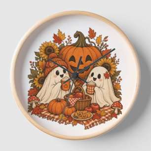 Horloge Jolis fantômes d'Halloween Citrouille Pique-nique