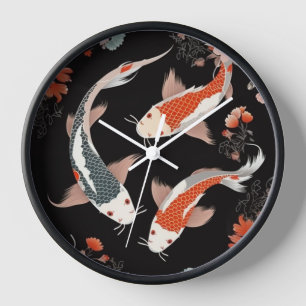 Horloge koi et fleurs d'inspiration japonaise orange et bl