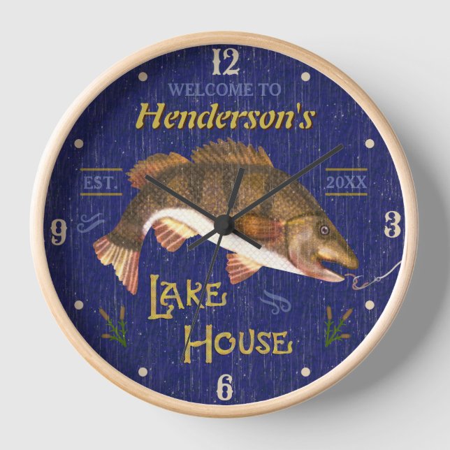 Horloge Lake House Rustique Basse Poisson Nautique | Nom B (Recto)