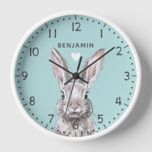Horloge Lapin Bunny Cute Aquarelle Animal art Enfants Nom