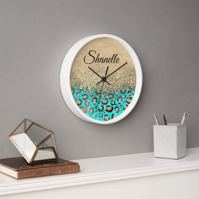 Horloge Léopard turquoise brillant Personnalisé (Bureau)