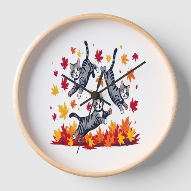 Horloge Les chats jouent dans les feuilles d'automne (Recto)