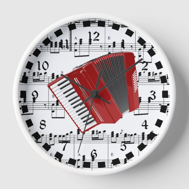 Horloge Let's Polka, accordéon rouge sur partitions (Recto)