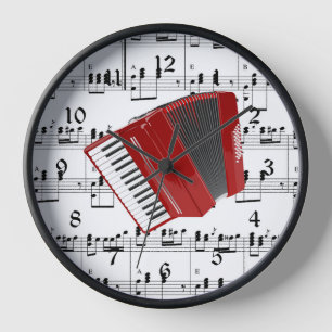 Horloge Let's Polka, accordéon rouge sur partitions