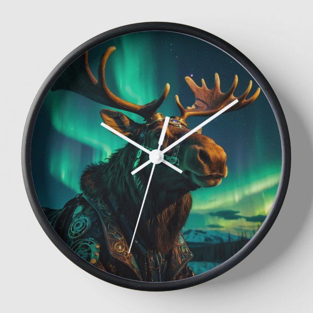 Horloge L'hiver Aurora et Steampunk Moose Wildlife Art (Recto)