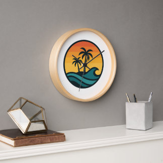 Horloge Logo Minimaliste Retro Sunset - Palmiers & Océan