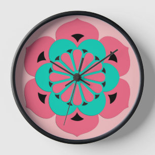 Horloge Lotus Flower Mandala, Coral rose et Turquoise