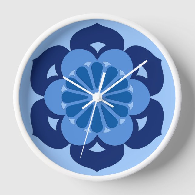 Horloge Lotus Flower Mandala, Indigo et bleu clair (Recto)