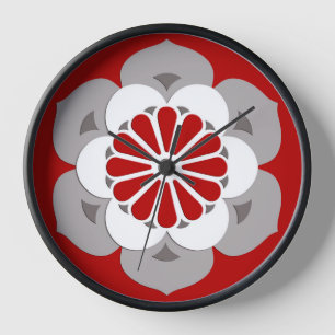Horloge Lotus Flower Mandala, rouge foncé, gris et blanc