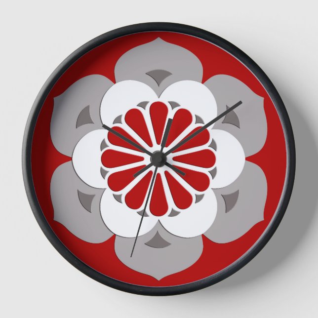 Horloge Lotus Flower Mandala, rouge foncé, gris et blanc (Recto)