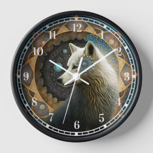 Horloge Loup blanc Mandala