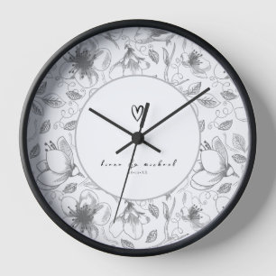 Horloge Love Calligraphy Floral avec noms Bordure noir ID9