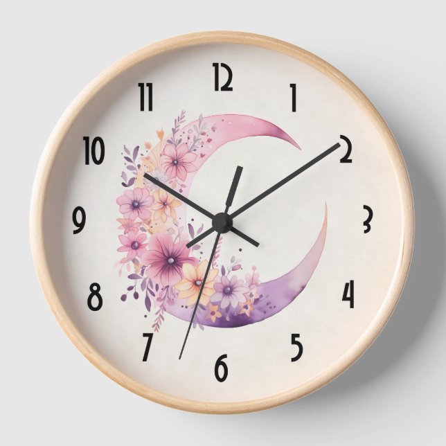 Horloge Lune rose Croissant avec de jolies fleurs (Recto)