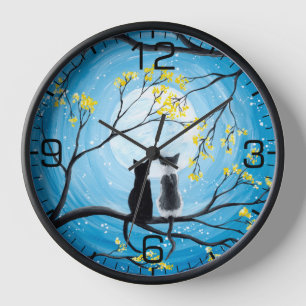 Horloge Lune Whimsical avec Chats Noir