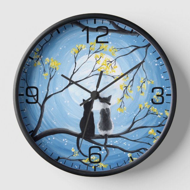 Horloge Lune Whimsical avec Chats Noir (Recto)