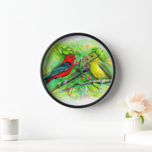 Horloge Magnifique Scarlet Tanagers Aquarelle Art