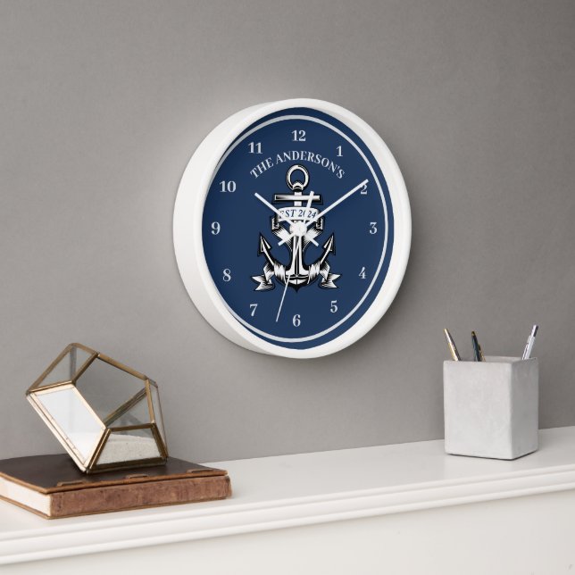 Horloge Maison de plage nautique bleue Nom de famille Ancr (Bureau)