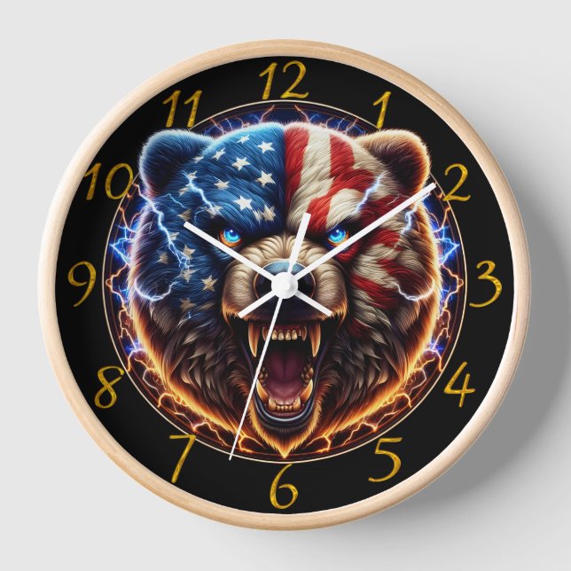 Horloge Majestic Bear Porte Fièrement Le Drapeau Américain (Recto)