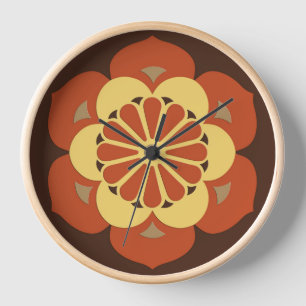 Horloge Mandala de la fleur de lotus, marron, rouille et j