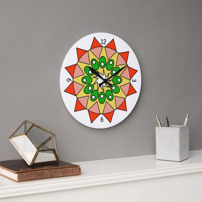 Horloge - Mandala en rouge, rose, vert, jaune (Bureau)