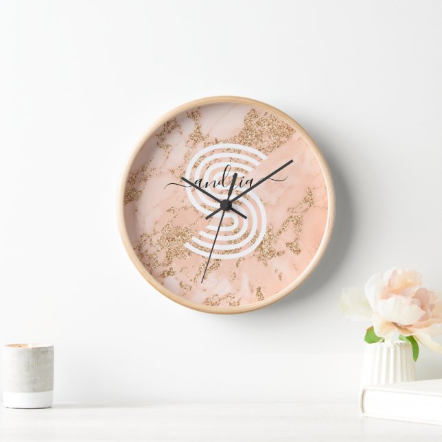 Horloge Marbre Pailleté Rose Gold, Nom en Écriture Monogra (Maison)