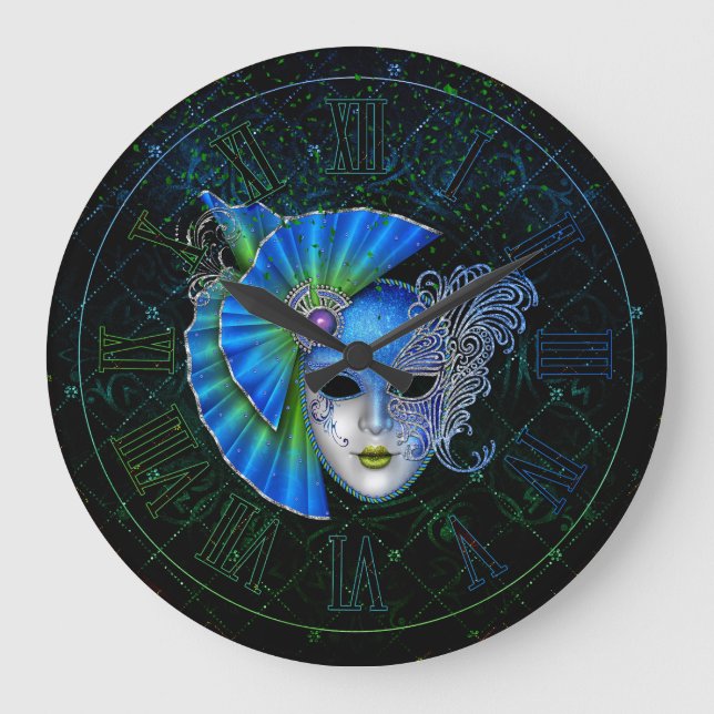 Horloge Mardi Gras, Masque Mardi Gras Vert Bleu (Recto)