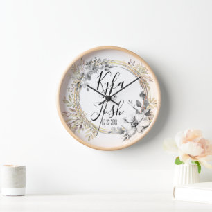 Horloge Mariage de couronnes florales en argent chic perso