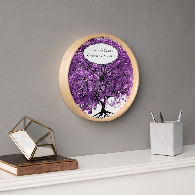 Horloge Mariage de feuille de coeur pourpre de forêt (Bureau)