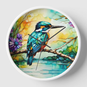 Horloge Martin-pêcheur sur l'eau et les fleurs sauvages
