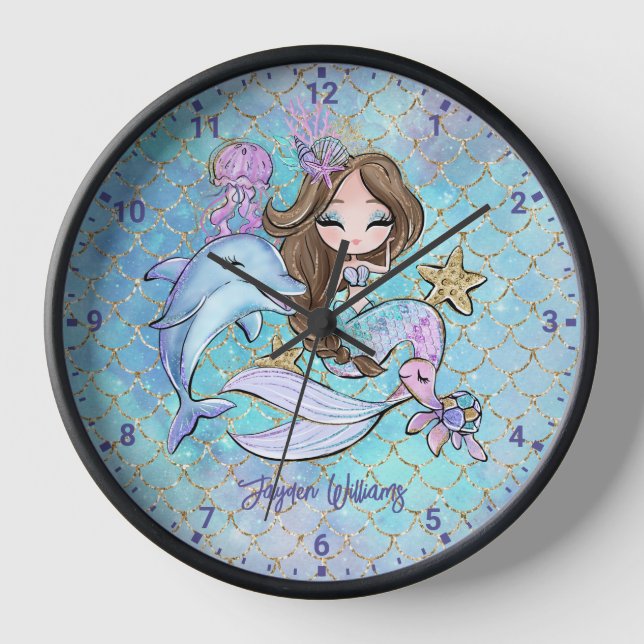 Horloge Mermaid Brown Cheveux Personnalisé Filles Chambre  (Recto)