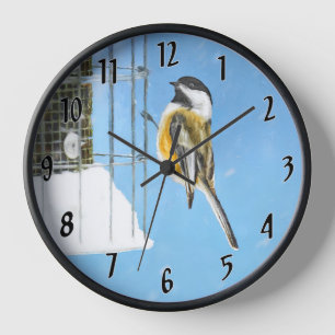 Horloge Mésange sur mangeoire - Art original d'oiseaux sau