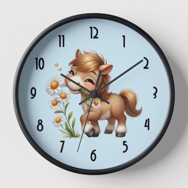 Horloge Mignonne Pony Mange Manger Des Marguerites (Recto)