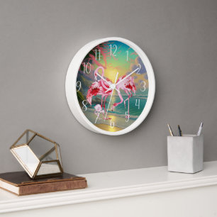 Horloge mignonne rose flamand amoureux plage maison