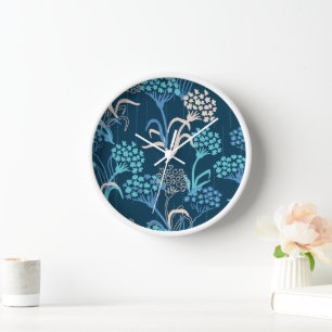 Horloge Modèle Floral Hydrangea stylisé - Bleu élégant