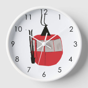 Horloge Moderne Rétro Rouge Ski Gondola Ascenseur Blanc