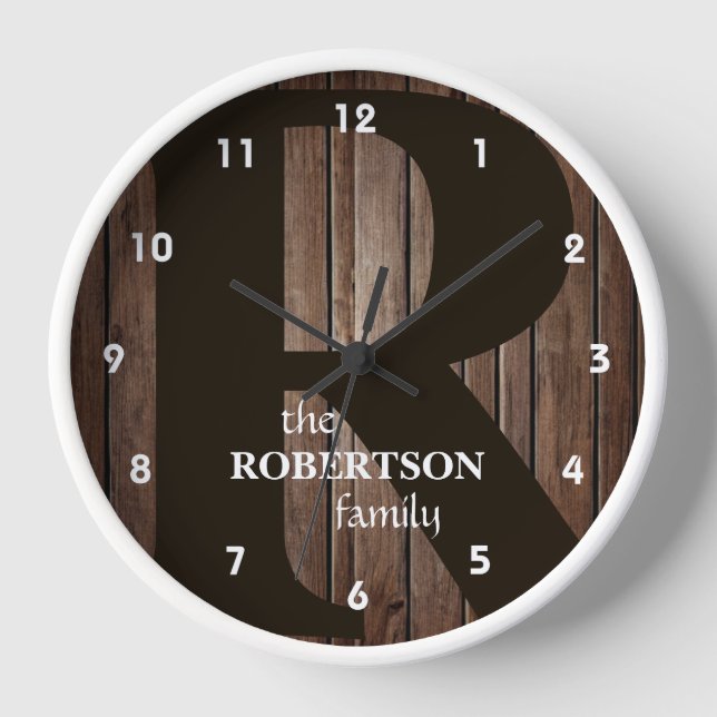 Horloge Monogramme de la famille de bois rustique moderne (Recto)